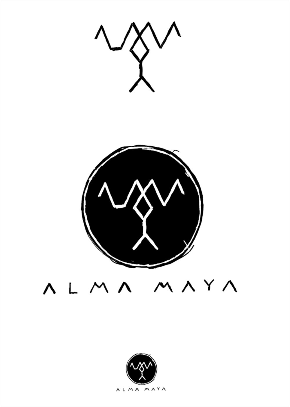 Image of the first versions of the logo Alma Maya.  This is an image related to a project inside Pedro Rodrigues (Treze413) graphic design portfolio.