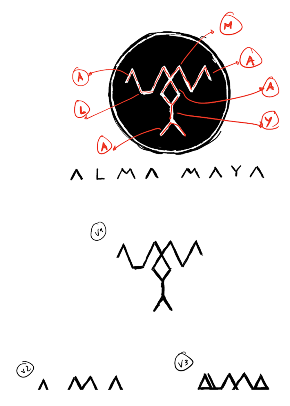 Image of the first versions of the logo Alma Maya.  This is an image related to a project inside Pedro Rodrigues (Treze413) graphic design portfolio.