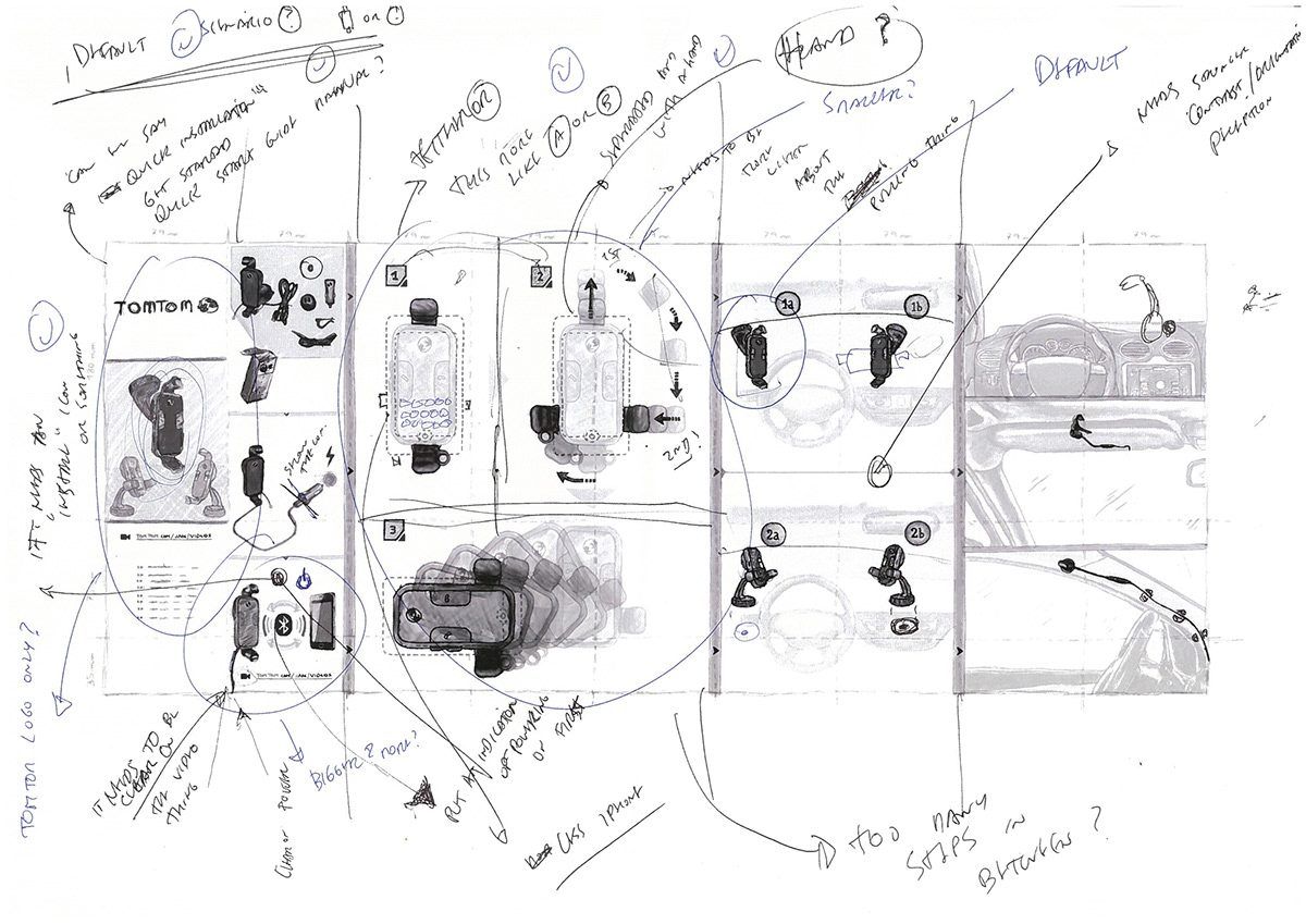 Image of rough sketchs for the TomTom Hand-Free Car Kit  This is an image related to a project inside Pedro Rodrigues (Treze413) graphic design portfolio.
