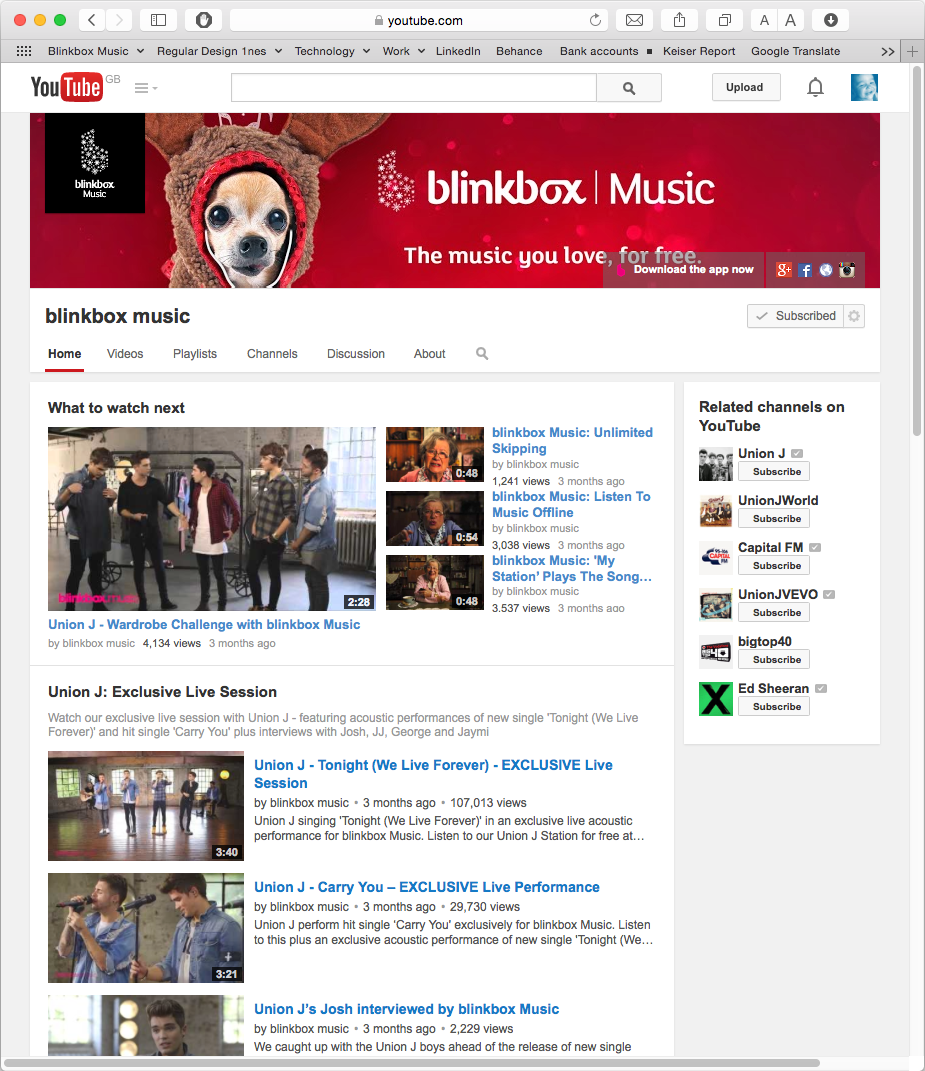 Image of Blinkbox Music Youtube profile with the christmas 2014 Mascot, this mascot is a dog chihuahua wearing a hoodie and wired apple pods with music notation symbols on the background, colors red, brown, white and dark browns and dark reds. This is an image related to a project inside Pedro Rodrigues (Treze413) graphic design portfolio.