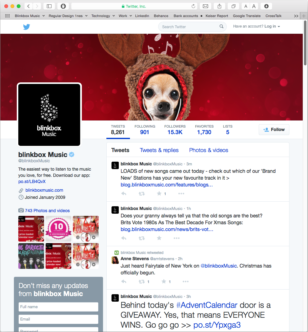 Image of Blinkbox Music Twitter profile with the christmas 2014 Mascot, this mascot is a dog chihuahua wearing a hoodie and wired apple pods with music notation symbols on the background, colors red, brown, white and dark browns and dark reds. This is an image related to a project inside Pedro Rodrigues (Treze413) graphic design portfolio.