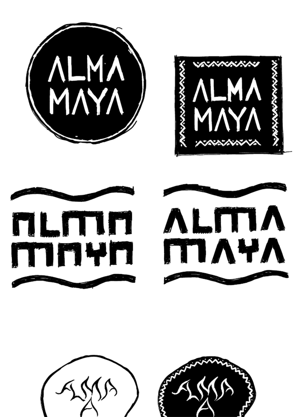 Image of the first versions of the logo Alma Maya.  This is an image related to a project inside Pedro Rodrigues (Treze413) graphic design portfolio.